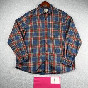LL Bean Flannel Long Sleeve Button Up Shirt Large Blue Plaid Pocket Outdoor Mens